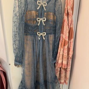 Sheer Blue Lace Dress with Bows